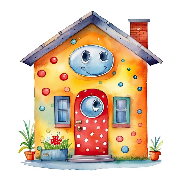 Watercolor colorful cute happy house with polka dot isolated Generative AI