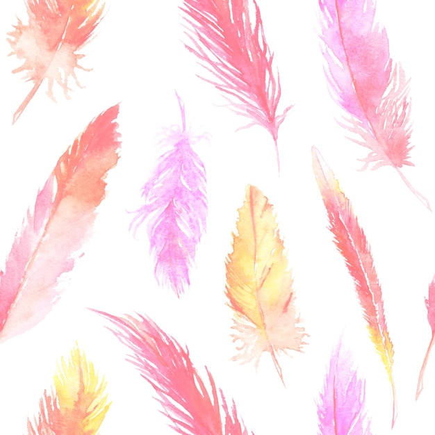 Watercolor colorful feather seamless pattern background texture