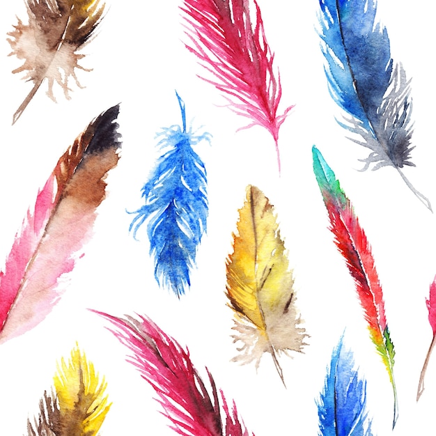 Watercolor colorful feather seamless pattern background texture