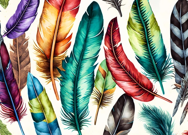 Watercolor colorful feathers illustration pattern design and isolated white background