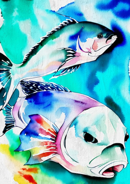 Watercolor Colorful Funny Fish Ocean Animal Painting