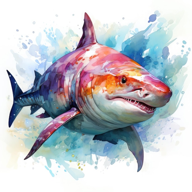 Watercolor Colorful Hammerhead Shark Illustration Generative Ai