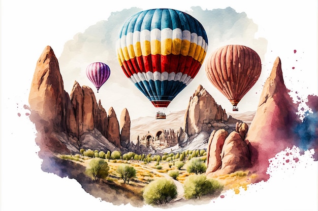 Watercolor colorful hot air balloons at Cappadocia