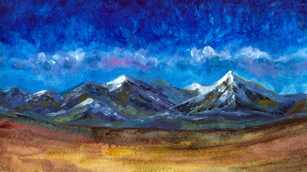 watercolor colorful mountain landscape, steppe