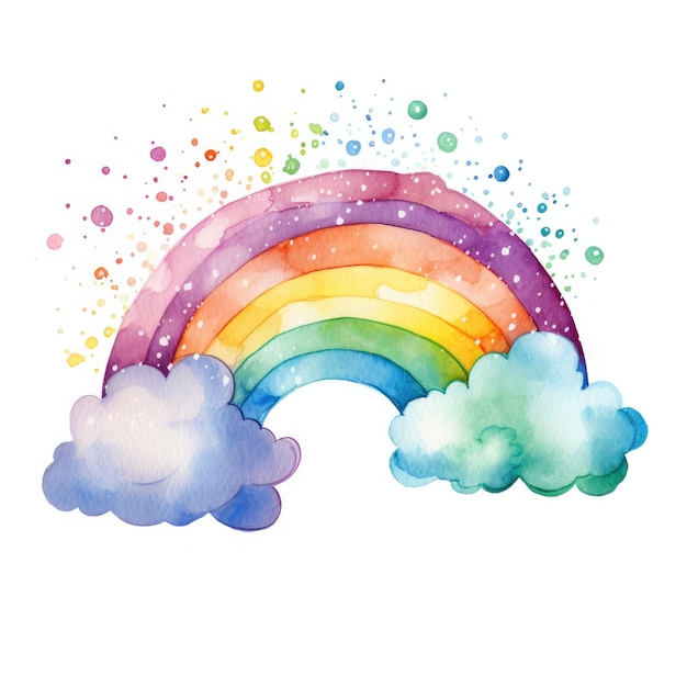 Watercolor Colorful Rainbow with Clouds Artistic Cute