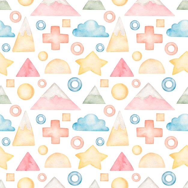 Watercolor colorful stars, mountains and clouds pattern on white background