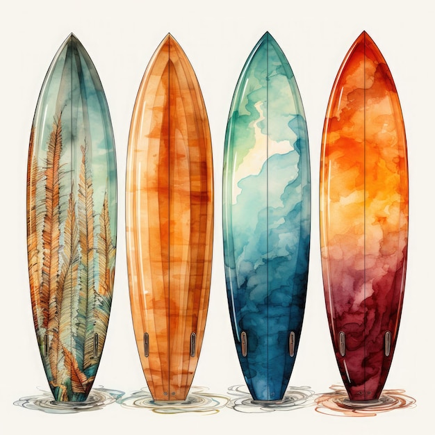 Watercolor Colorful Surfboard Illustration Generative Ai