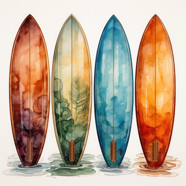 Watercolor Colorful Surfboard Illustration Generative Ai