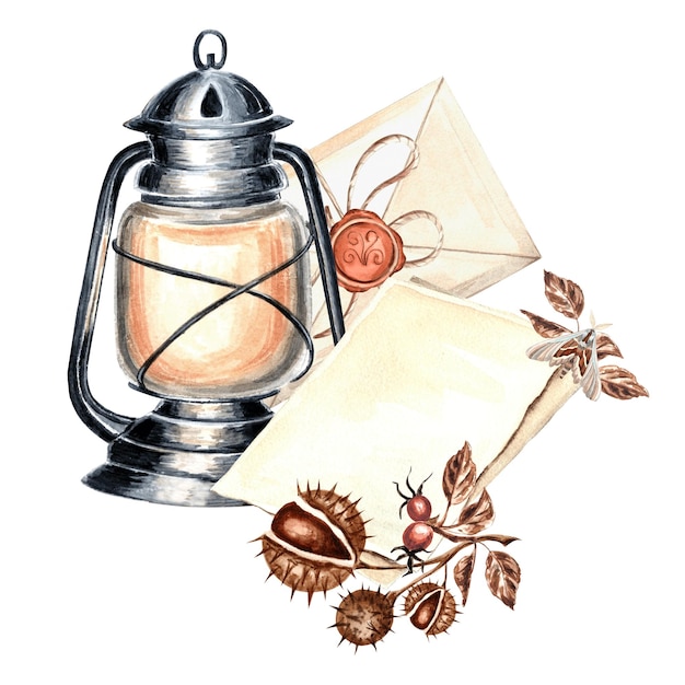 Watercolor composition of an antique lantern a sealed envelope and parchment chestnuts and