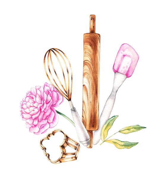 Watercolor composition of baking tools on a white background