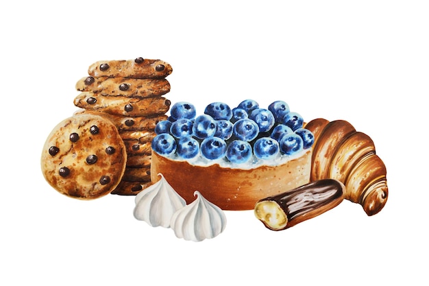 Watercolor composition with chocolate cookies eclairs croissant meringue blueberry cake Hand paintin