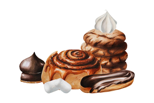 Watercolor composition with cinnamon bun peanut biscuits marshmallows in chocolate meringue eclair H