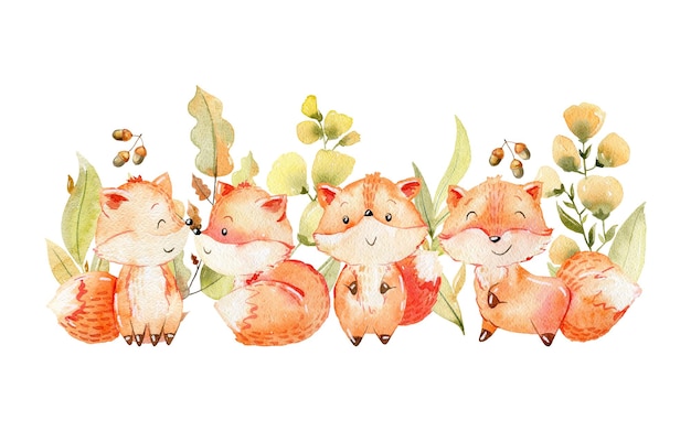 Watercolor composition with cute foxes on a white background Nursery poster