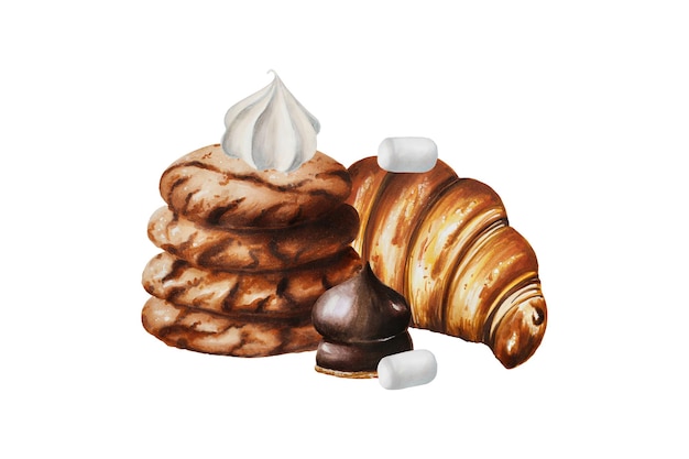 Watercolor composition with peanut biscuits marshmallows in chocolate meringue croissant and marshma