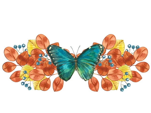 The watercolor composition of yellow leaves and blue butterflies are handpainted in watercolor