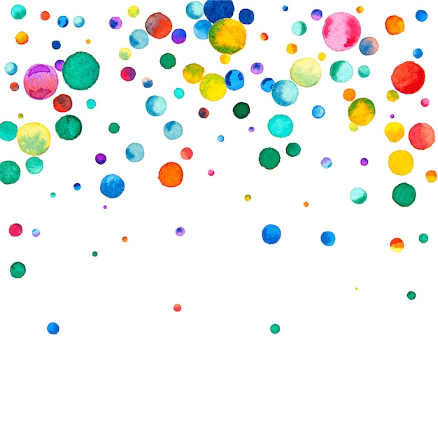 Watercolor confetti on white background. Actual rainbow colored dots. Happy celebration square colorful bright card. Glamorous hand painted confetti.