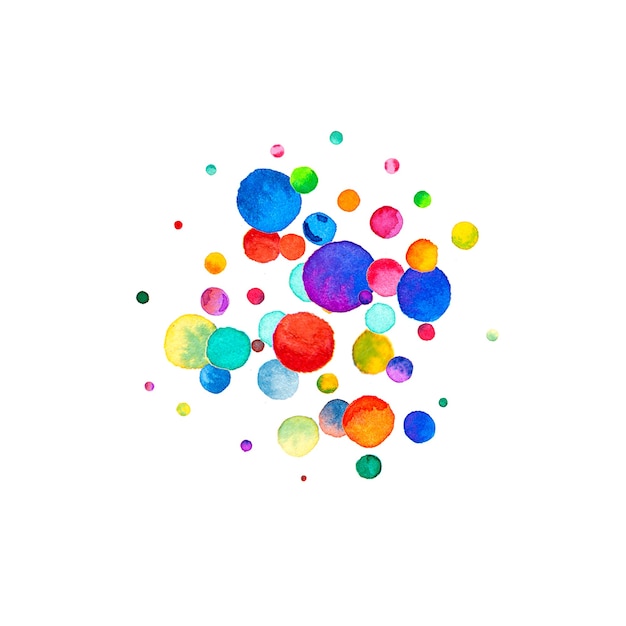 Watercolor confetti on white background. Actual rainbow colored dots. Happy celebration square colorful bright card. Interesting hand painted confetti.