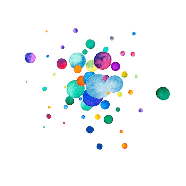 Watercolor confetti on white background. Actual rainbow colored dots. Happy celebration square colorful bright card. Mesmeric hand painted confetti.