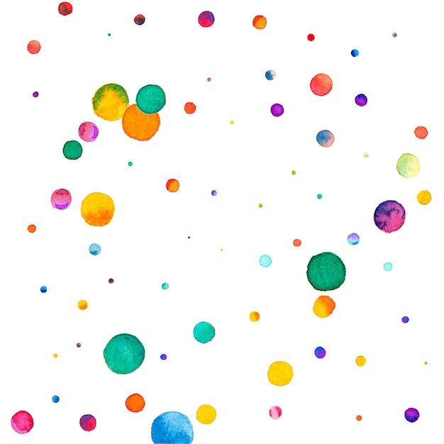 Watercolor confetti on white background. Admirable rainbow colored dots. Happy celebration square colorful bright card. Alluring hand painted confetti.