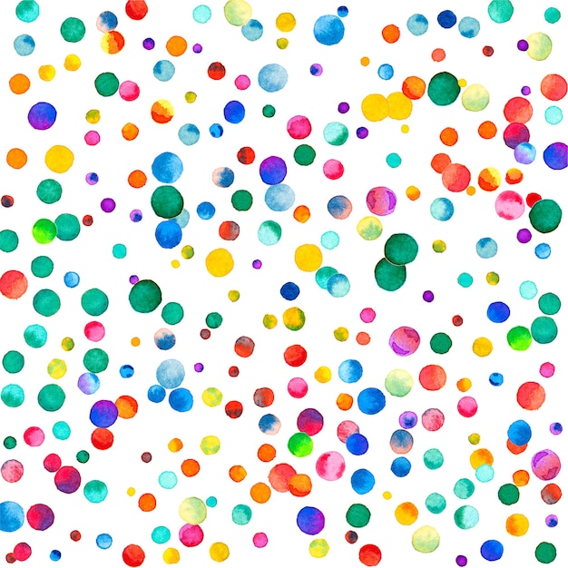 Watercolor confetti on white background. Admirable rainbow colored dots. Happy celebration square colorful bright card. Flawless hand painted confetti.