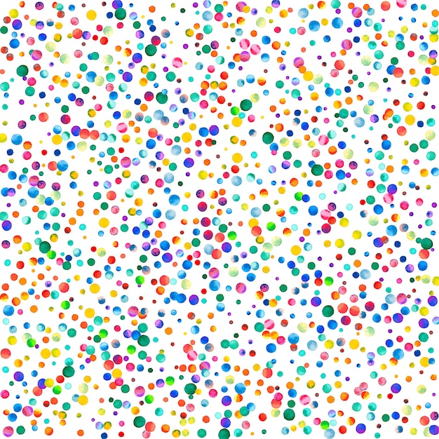 Watercolor confetti on white background. Admirable rainbow colored dots. Happy celebration square colorful bright card. Good-looking hand painted confetti.