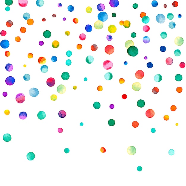 Watercolor confetti on white background. Adorable rainbow colored dots. Happy celebration square colorful bright card. Bizarre hand painted confetti.