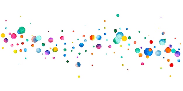 Watercolor confetti on white background. Adorable rainbow colored dots. Happy celebration wide colorful bright card. Juicy hand painted confetti.