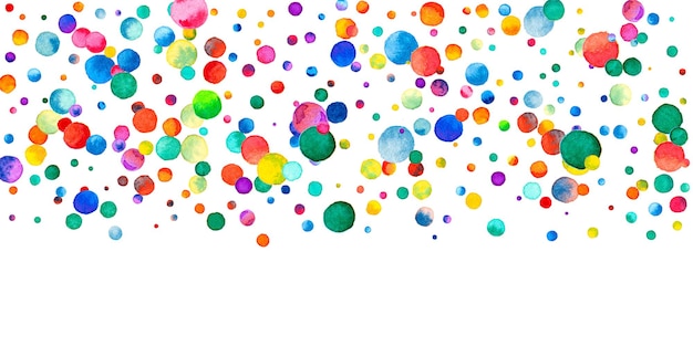 Watercolor confetti on white background. Alive rainbow colored dots. Happy celebration wide colorful bright card. Delicate hand painted confetti.