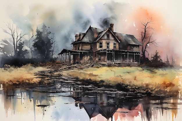 Watercolor of a country house on the river Generated AI