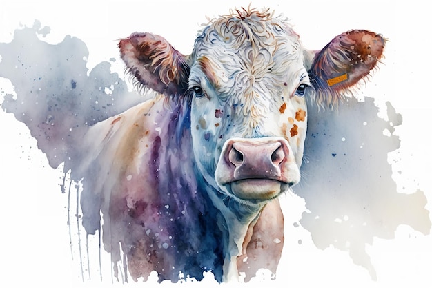 Watercolor cow illustration white backgroundGenerative AI