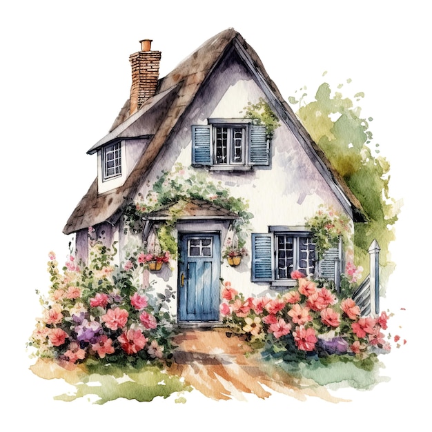 Watercolor cozy cottage surrounded by flowers garden isolated Generative AI