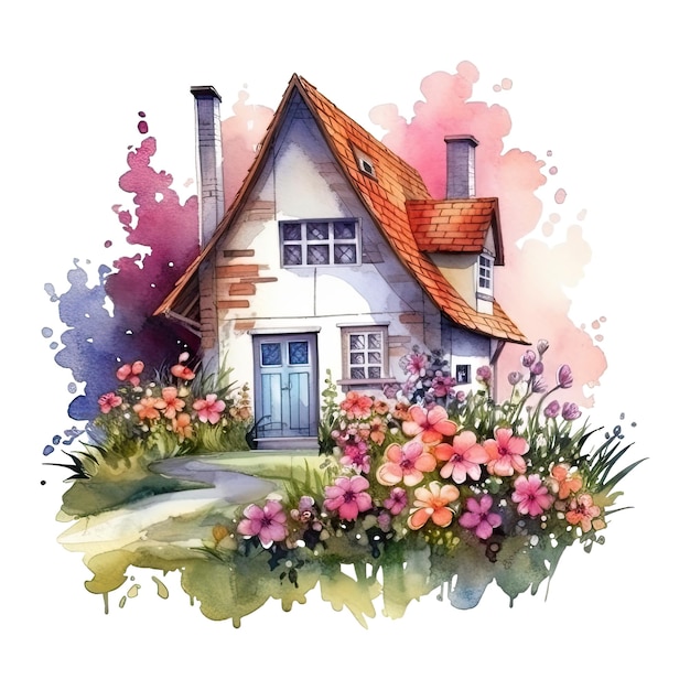 Watercolor cozy cottage surrounded by flowers garden isolated