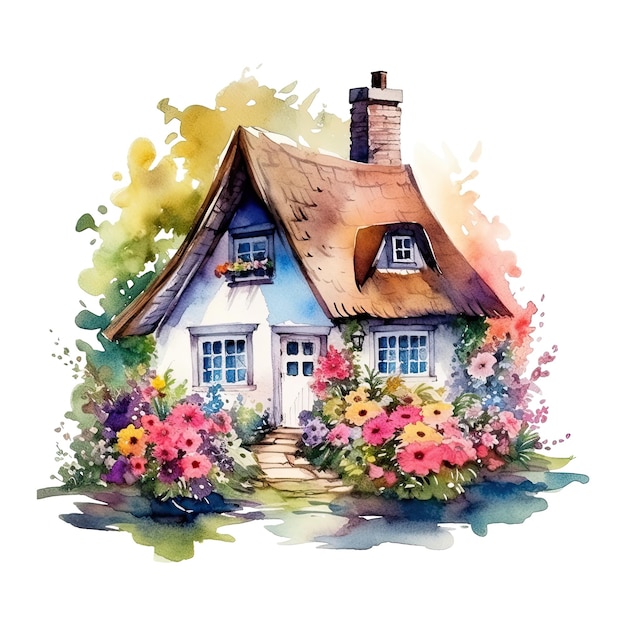 Watercolor cozy cottage surrounded by flowers garden isolated