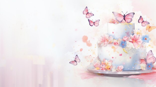 Watercolor cream cake decorated with butterflies and flowers on white background with aquarelle splashes and stains Illustration Banner with copy space