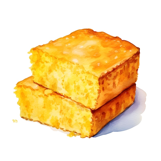 Watercolor of Crumbly Golden Cornbread on White Background