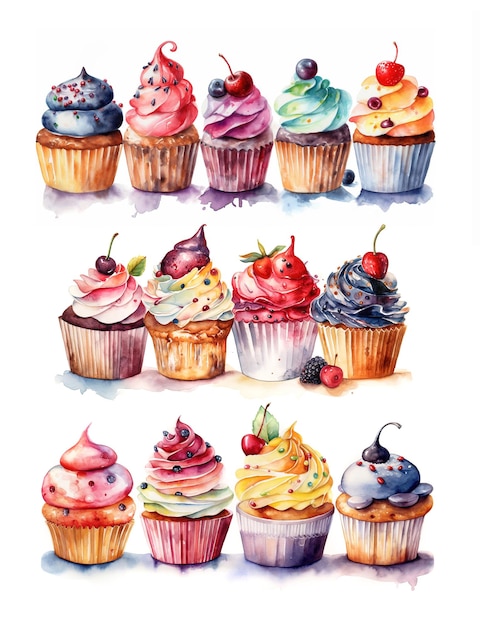 Watercolor Cupcakes set on a white background