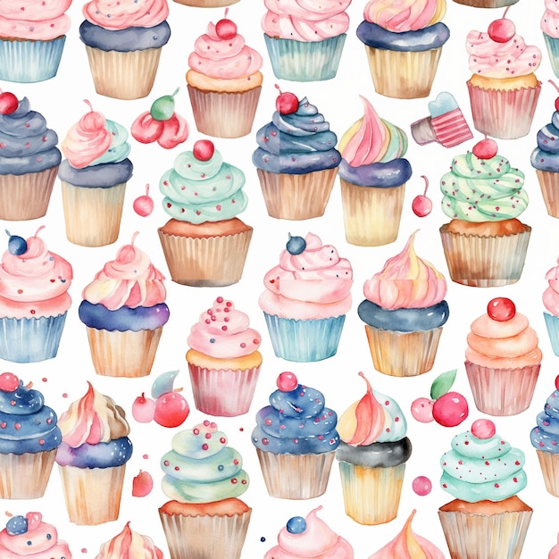 Watercolor cupcakes on a white background