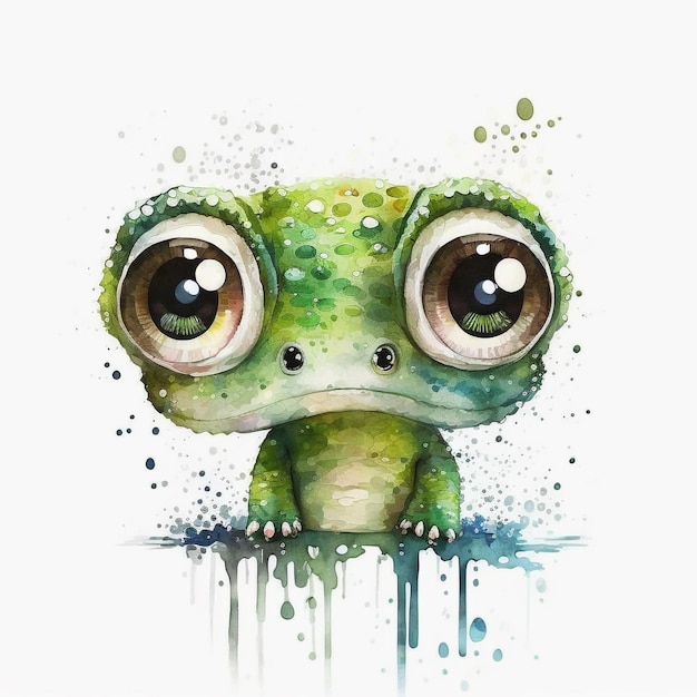 Watercolor Cute Animals Chibi Style Big Eyes Exotic Tropical Forest Wildlife Crazy Abstract