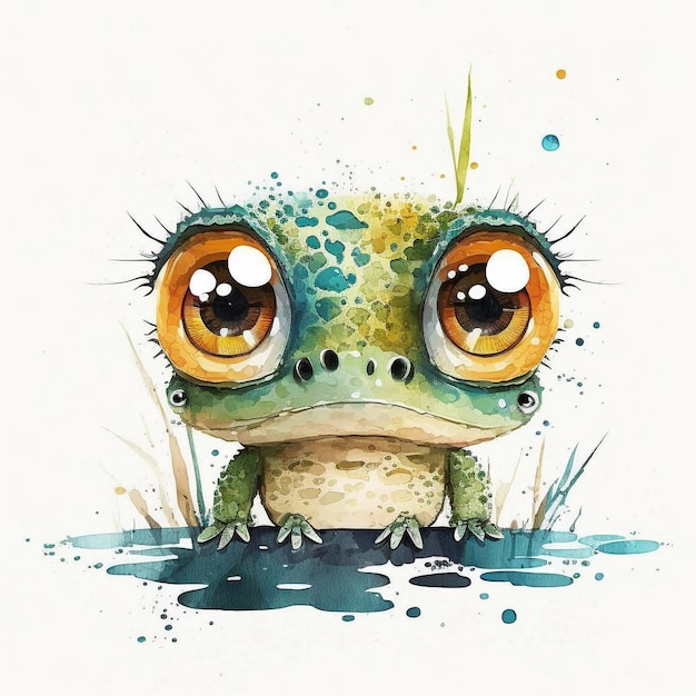 Watercolor Cute Animals Chibi Style Big Eyes Exotic Tropical Forest Wildlife Crazy Abstract