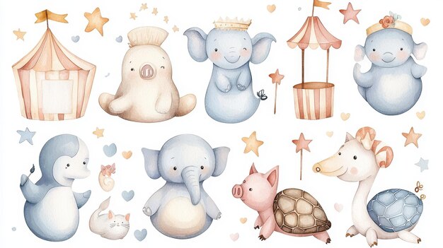 Photo watercolor cute animals circus clipart set for kids nursery decor