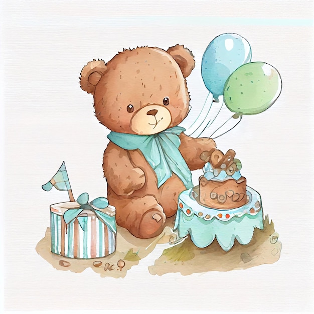 Watercolor cute birthday teddy bear Created with Generative AI