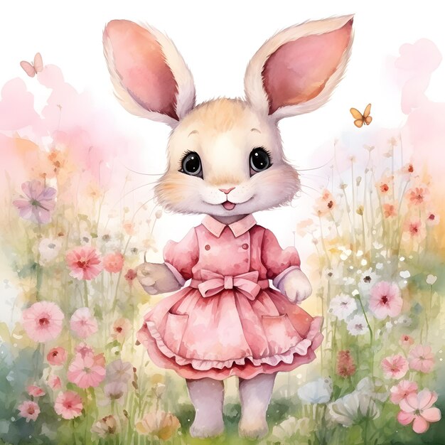 Watercolor cute bunny girl in field of spring flowers in pink dress as easter greeting card print