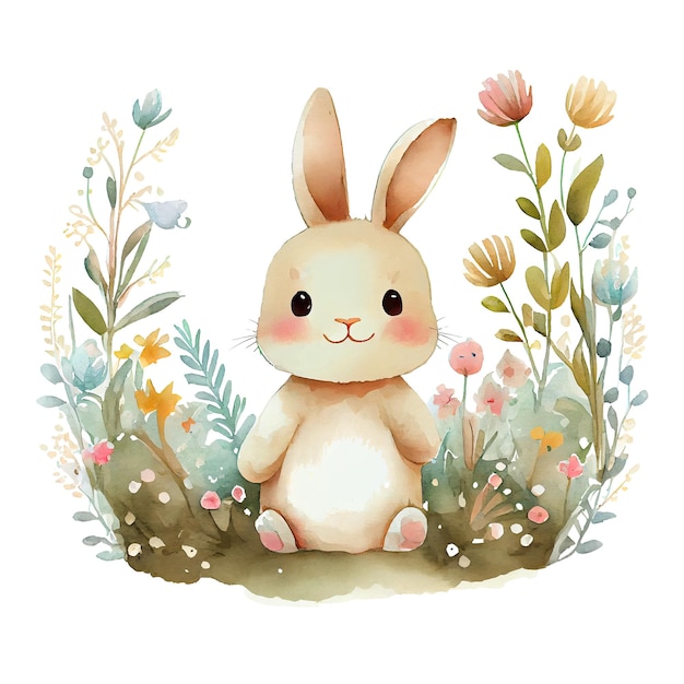 Watercolor cute bunny with flowers cartoon animal character