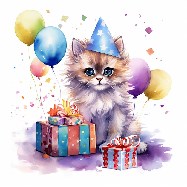 Watercolor Cute Cat Birthday Clipart HD on White Background