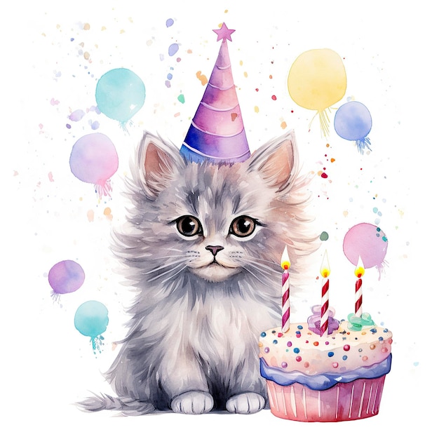 Watercolor Cute Cat Birthday Clipart HD on White Background