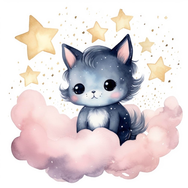 Watercolor Cute Cat on a Cloud and Stars Pink Black 2