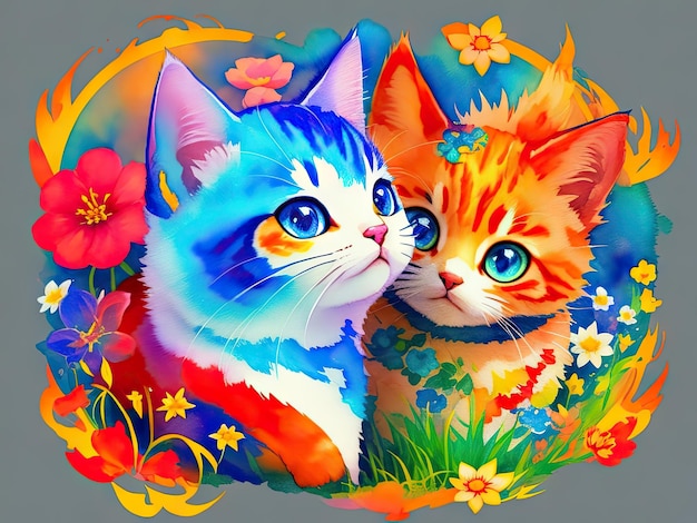 Watercolor cute cats in the flowers ai generative