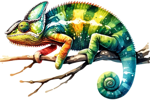 Watercolor cute chameleon sitting on a branch