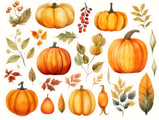 Photo watercolor cute colorful halloween pumpkins leaves and trees sets hand drawn autumn party illustration collection