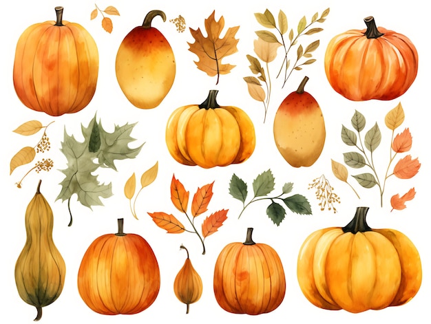 Photo watercolor cute colorful halloween pumpkins leaves and trees sets hand drawn autumn party illustration collection